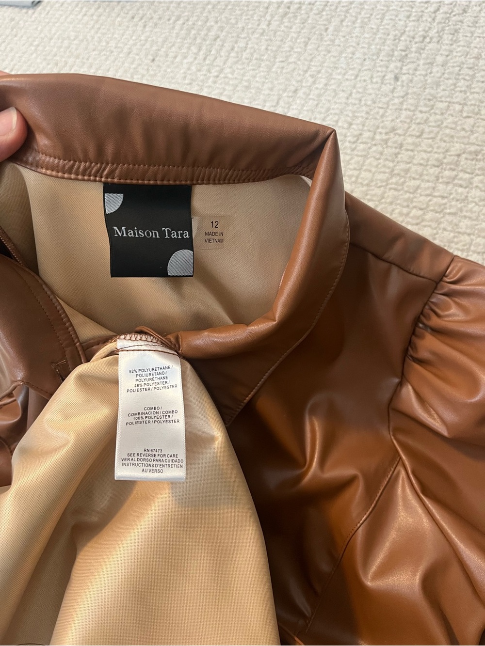 Maison Tara Cognac Faux Leather Puff-Sleeve Button-Front Mini Dress - Picture 8 of 16
